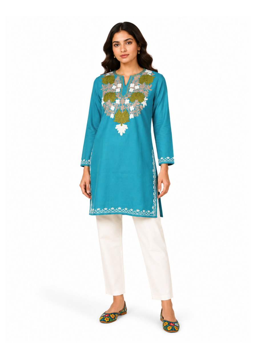 Noor : Aari embroidery summer kurti | Dark Teal